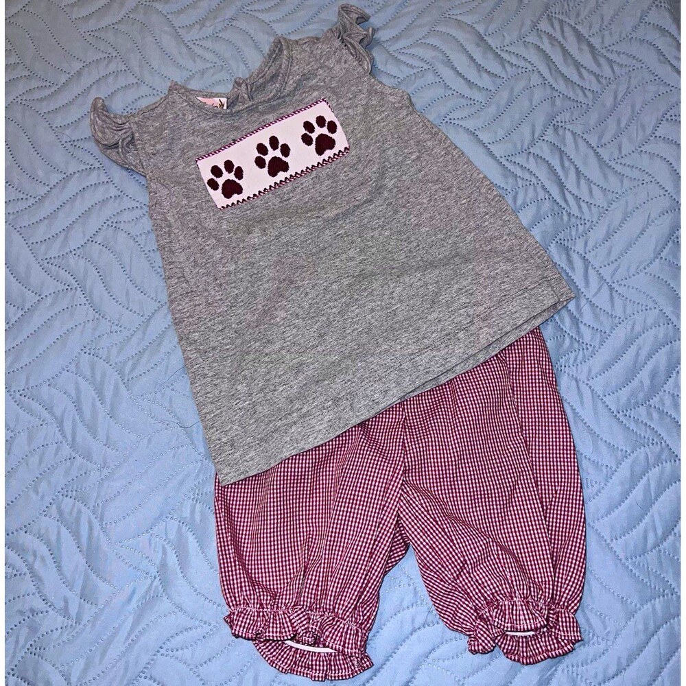 The Smocking Place Girls 2T 2pc Paw Print Mississippi State Set